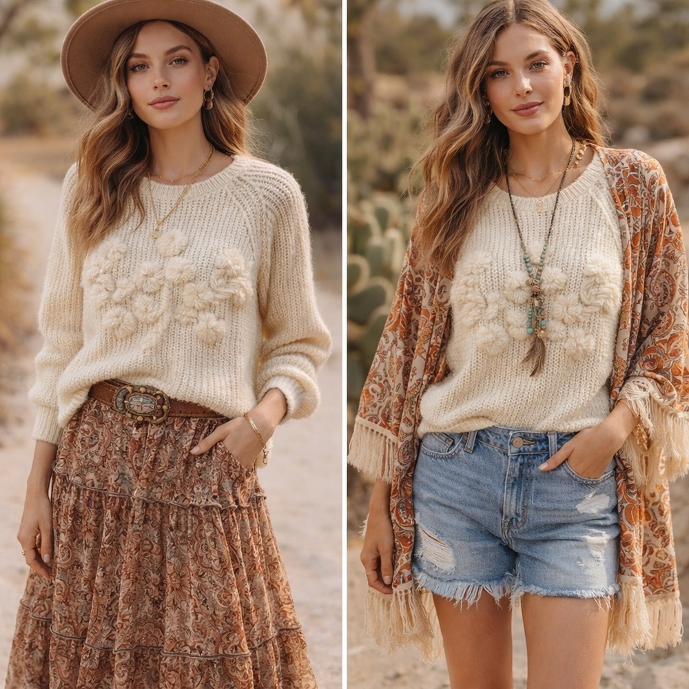 Cream Chunky Knit Sweater with Floral Accents